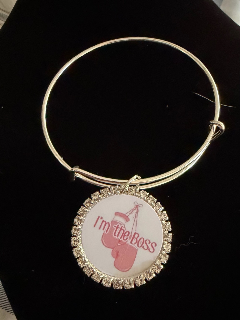 Silver-Tone 'I'm the Boss' Pink Charm Bangle Bracelet
